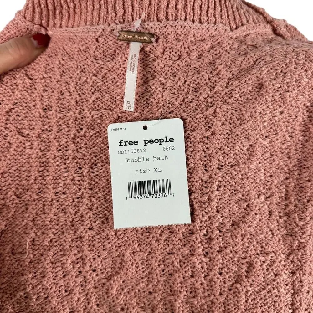 New Free People Villa Cable Pullover Sweater in Pink Bubble Bath Size XL Barbie